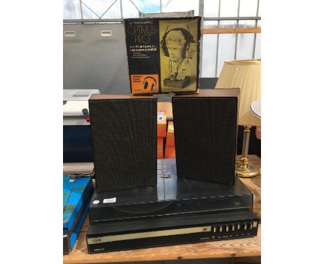A FIDELITY RECORD PLAYER, TWO SPEAKERS AND STEREO HEADPHONES, SOLD AS SEEN 