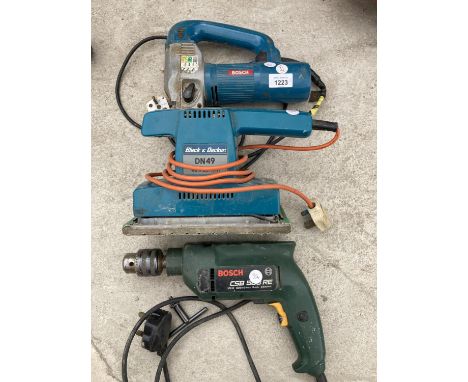 A BOSCH DRILL AND JIGSAW AND A BLACK AND DECKER SANDER - ALL IN WORKING ORDER 