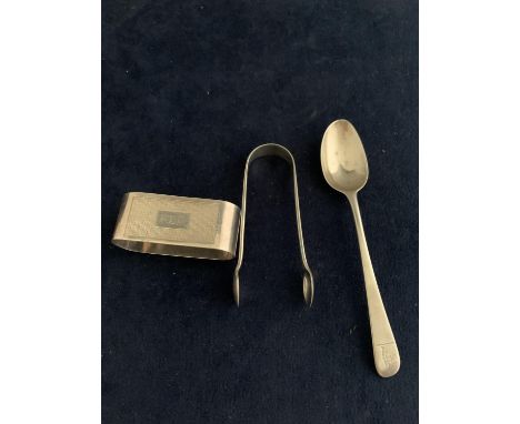 A SILVER SPOON, TONGUES AND A NAPKIN RING 