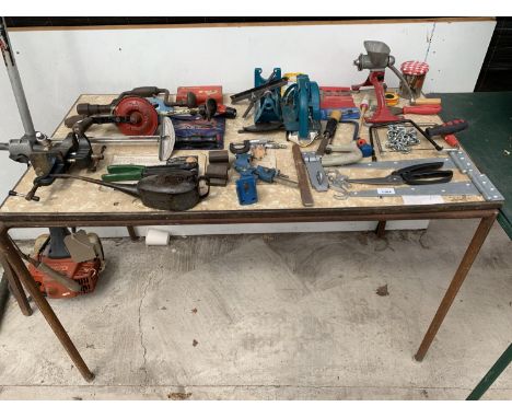 A LARGE QUANTITY OF TOOLS AND HARDWARE TO INCLUDE BRACKETS, OIL CAN, DRILLS ETC 