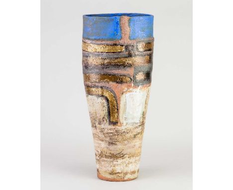 † ROBIN WELCH (1936-2019); a tapered oval stoneware vessel with bands grey and lilac crackle glaze, red rust with gold lustre