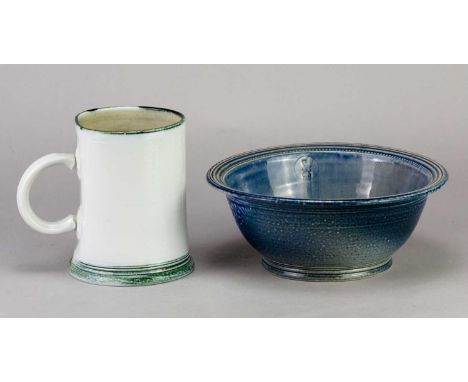 † STEVE HARRISON (born 1967); a salt glazed mug, impressed crown mark dated 2002, height 12cm, and a bowl, diameter 18cm (2).