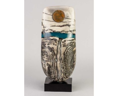 † PETER HAYES (born 1946); a raku bow with fractured smoky surface, blue wave and copper patina disc mounted on marble base, 