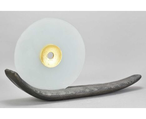 † PETER HAYES (born 1946); a large stoneware boat form with frosted glass disc, painted signature, length 48cm.Condition Repo