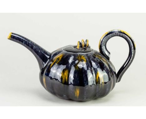 † KEVIN DE CHOISY (1954-2020); an earthenware teapot covered in Whieldon type glaze, height 15cm.Condition Report: Appears go