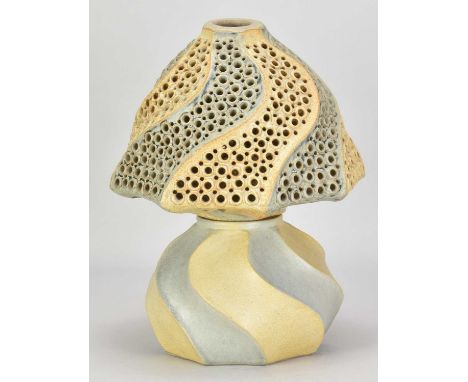 † BERNARD ROOKE (born 1938); a stoneware lamp base and interlocking perforated shade, incised BR mark and artist's label, hei