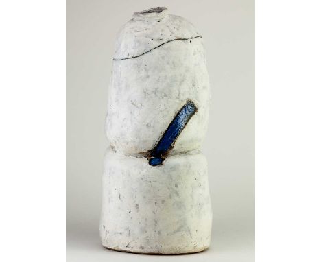 † ROBIN WELCH (1936-2019); a tall waisted stoneware vessel covered in white pigment with blue enamel stripe, height 49cm. Con