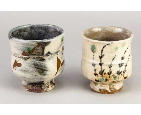 † JIM MALONE (born 1946); a stoneware yunomi covered in brushed slip with iron and copper green decoration, impressed JM and 