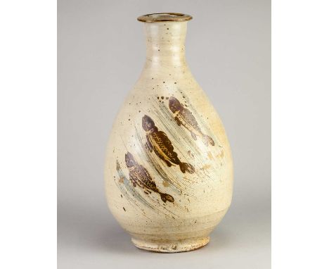 † JIM MALONE (born 1946); a large stoneware Korean bottle covered in off white glaze decorated with fish, impressed JM and A 