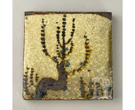 † Attributed to BERNARD LEACH (1887-1979) for Leach Pottery; a stoneware tile depicting a tree, impressed pottery marks to re