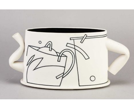 † NICHOLAS HOMOKY (born 1950); a polished and unglazed porcelain teapot inlaid with black oxide linear decoration, impressed 