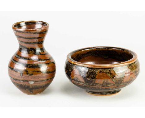 † JOHN LEACH (1939-2021) for Muchelney Pottery; a small stoneware bottle decorated with bands of kaki glaze, impressed JHL an