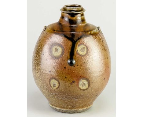 † PHIL ROGERS (1951-2020); a lugged salt glazed bottle with green ash and running iron top, side fired on shells, impressed P