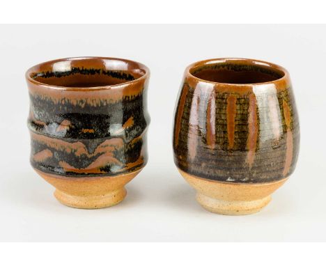 † JOHN LEACH (1939-2021) for Muchelney Pottery; a stoneware yunomi decorated with kaki stripes, impressed JHL and pottery mar