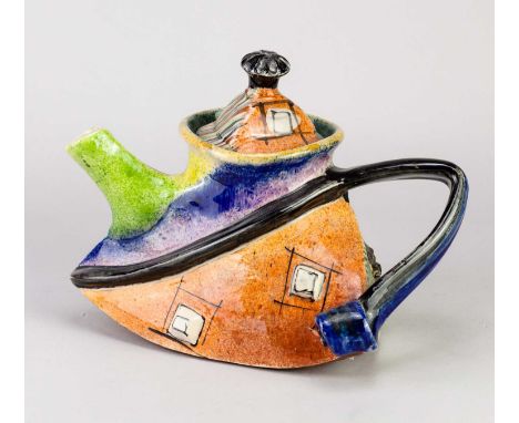 † PAUL JACKSON (born 1954); a triangular slipware teapot with polychrome decoration, painted mark dated of 2004, height 17.5c
