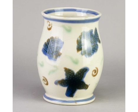 † KATE MALONE (born 1959) for Moorland Pottery; an earthenware vase decorated with fish, star fish and sea shells, painted si