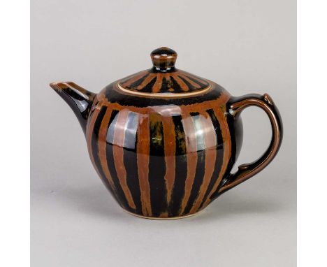 † DEREK EMMS (1929-2004); a stoneware teapot covered in tenmoku and kaki stripes, impressed DE mark, height 14.5cm.Condition 