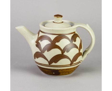 † DEREK EMMS (1929-2004); a porcelain teapot covered with iron brush decoration on off white ground, impressed DE mark, heigh