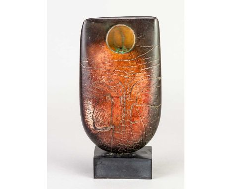 † PETER HAYES (born 1946); a raku bow with fractured red surface and copper patina disc mounted on slate base, incised signat