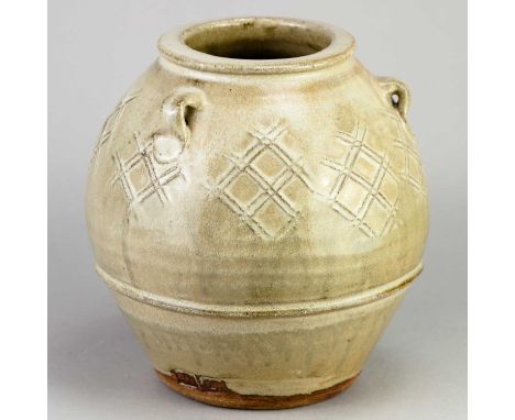 JIM MALONE (born 1946); a lugged stoneware jar covered in green ash glaze with impressed decoration, impressed JM and L (for 