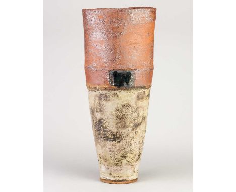 † ROBIN WELCH (1936-2019); a tapered oval stoneware vessel with bands grey and lilac crackle glaze and red rust with blue/bla