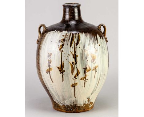 † JIM MALONE (born 1946); a lugged stoneware bottle partially covered in brushed slip with iron decoration, impressed JM and 