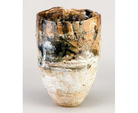 † ROBIN WELCH (1936-2019); a stoneware vessel partially covered in white glaze with black enamel, red spots and incised decor