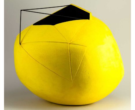 REBECCA APPLEBY (born 1979); 'Ruptured Euphony', an earthenware angular boulder form covered in yellow pigment with steel ext