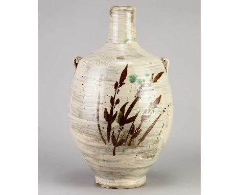 † JIM MALONE (born 1946); a lugged stoneware bottle covered in brushed slip with iron and copper green decoration, impressed 