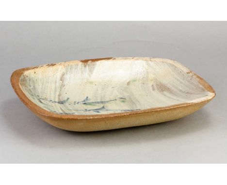 JIM MALONE (born 1946); a rectangular stoneware dish partially covered in brushed slip with cobalt decoration and copper gree