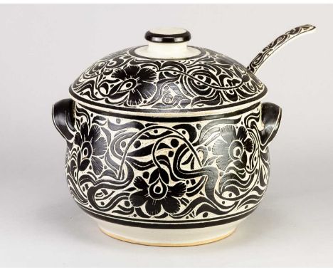 † JULIA CARTER PRESTON (1926-2012); an earthenware tureen and ladle with sgraffito decoration picked out in black lustre, inc