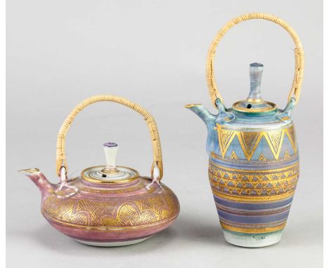 † MARY RICH (1940-2022); a miniature porcelain coffee pot with cane handle and gilded bands of geometric decoration on light 