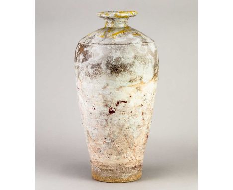 † ROBIN WELCH (1936-2019); a tall stoneware bottle covered in pinkish white glaze with red enamel decoration to the body and 