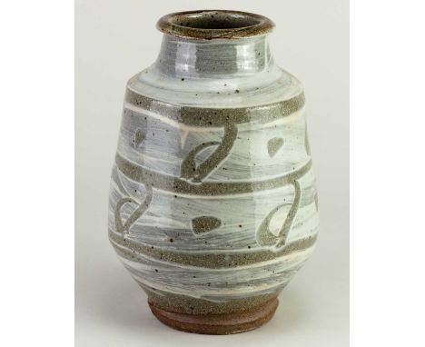 † PHIL ROGERS (1951-2020); a stoneware albarello vase partially covered in bands of white glaze with wax resist decoration, i