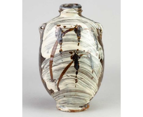 JIM MALONE (born 1946); a lugged stoneware bottle partially covered in brushed slip with iron decoration, impressed JM and L 