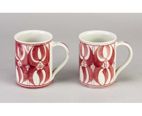 † JENNY JOWETT for Aldermaston Pottery; a pair of tin glazed earthenware mugs decorated with red lustre, painted JA marks, ma