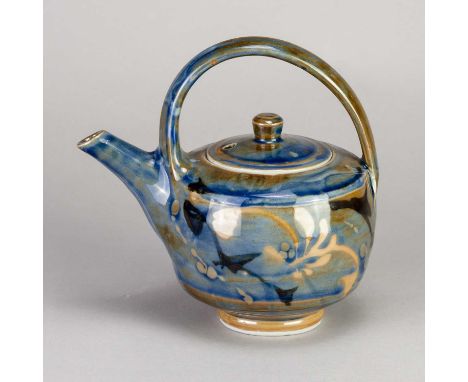 † MARGARET FRITH (born 1943) for Brookhouse Pottery; a porcelain teapot partially covered in cobalt glaze with brushed and wa