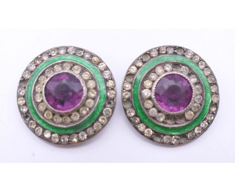 A pair of unmarked silver amethyst and enamel buttons. 2 cm diameter.