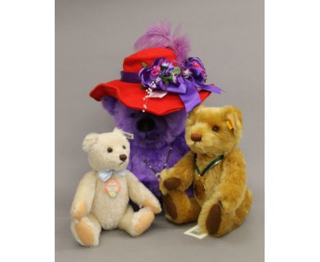 Three boxed Steiff teddy bears - Red Hat Society Bear (26 cm high), 2001 Bear of the Year and 1953 Replica Bear. 