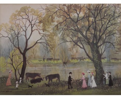 HELEN BRADLEY MBE (1900-1979) British, Figures and Cattle by a River, print, framed and glazed. 37 x 27 cm.