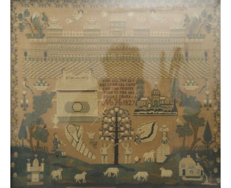 An 1827 framed and glazed needlework sampler. 58.5 x 53 cm overall.