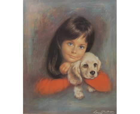 A vintage Boots print, Puppy Love by L Shabner, framed. 47 x 57 cm.