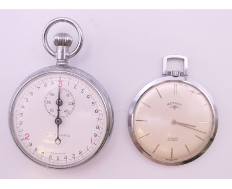 A gentleman's Rotary Incabloc pocket watch and a Garrard stop watch. The former 4.25 cm diameter.