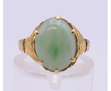 A Chinese jade set gold ring. Ring size I/J. 3.1 grammes total weight.