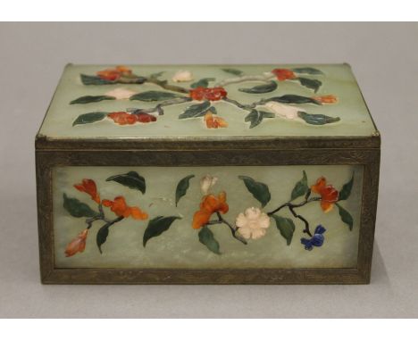 A Chinese hardstone set brass bound jade box. 12.5 cm wide.