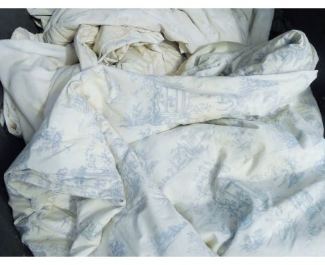 Two pairs of large curtains. The cream pair each approximately 370 x 265 cm, the blue/grey pattern each approximately 290 x 2