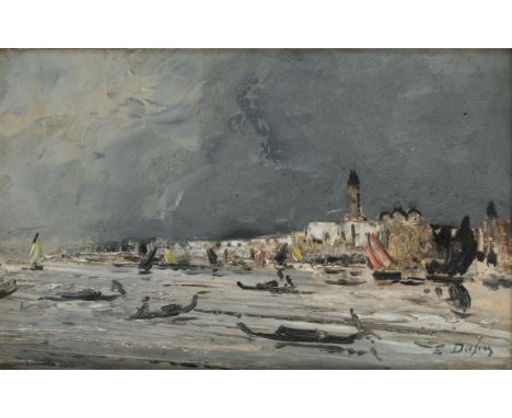   Édouard Jacques Dufeu (Marseille 1836 - 1900 le Grasse), Vue de Venise. Olieverf op paneel, gesigneerd (rechtsonder), oliev