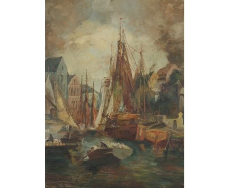   Belgische School, 20e eeuw. Een havenstad in België. Olieverf op paneel, niet gesigneerd L: 84 cm, B: 61 cm. Geschatte opbr