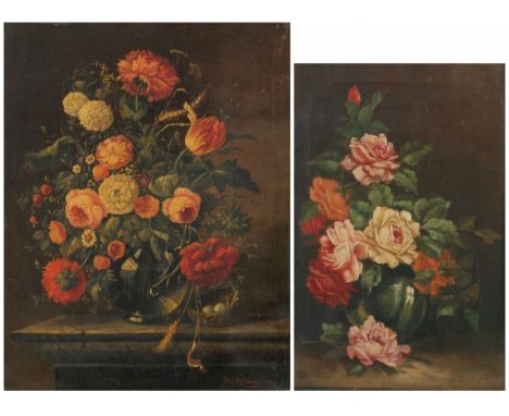   Een lot van twee pronkstillevens waarvan 1 gesigneerd J. van Raevenswaay Olieverf op doek. L: 50 cm, B: 40 cm. Geschatte op