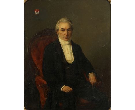   Belgische School, 19e eeuw. Portret van een notable Geannoteerd en met familiewapen (linksboven), olieverf op paneel. L: 60